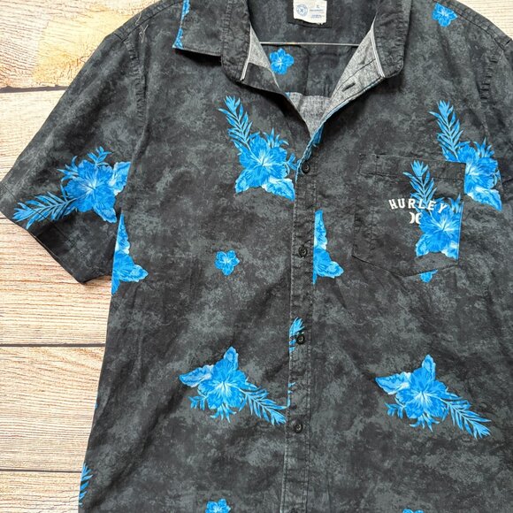 Hurley Mens Floral Button-Up Shirt Black Blue Hawaiian Short Sleeve Size XL - Picture 5 of 11